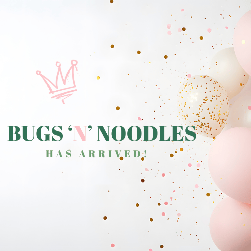 Promotional image for 'Bugs 'N' Noodles' with balloons and confetti on a light background.
